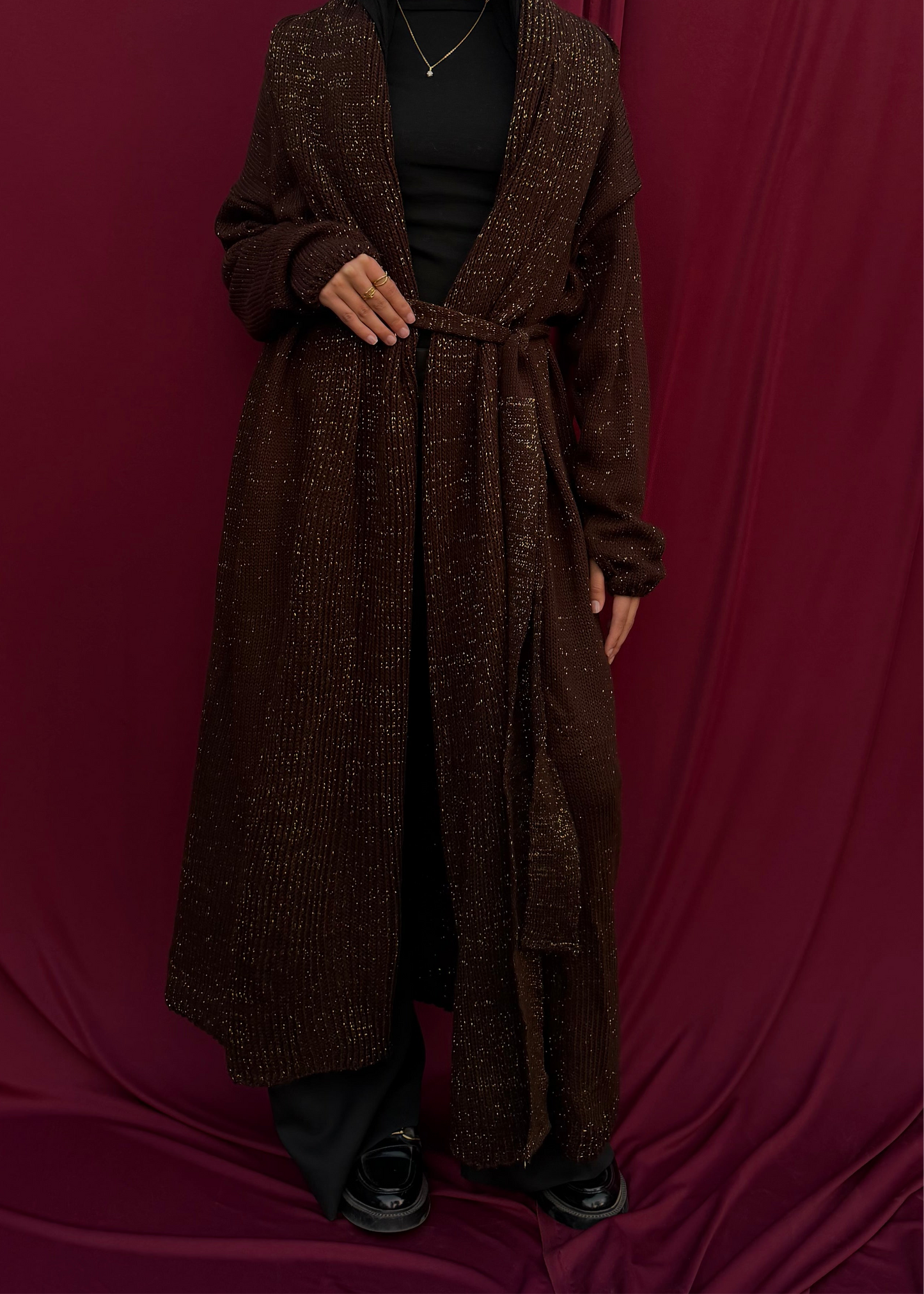 Nooré Gilded Cocoa Maxi Shimmer Cardigan