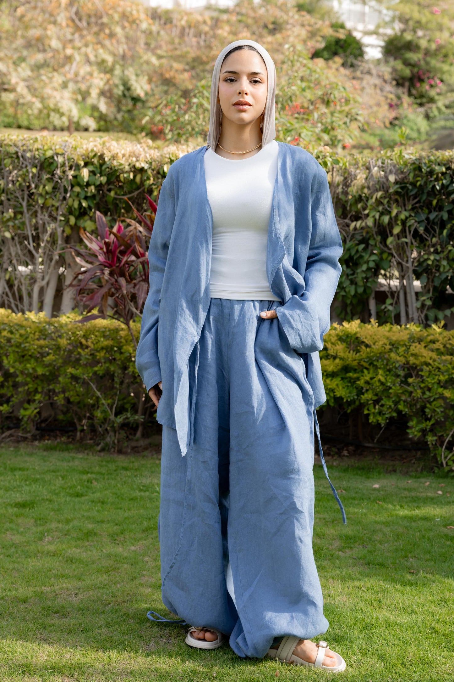 Denim Linen Wide  X Ballon Leg Pants