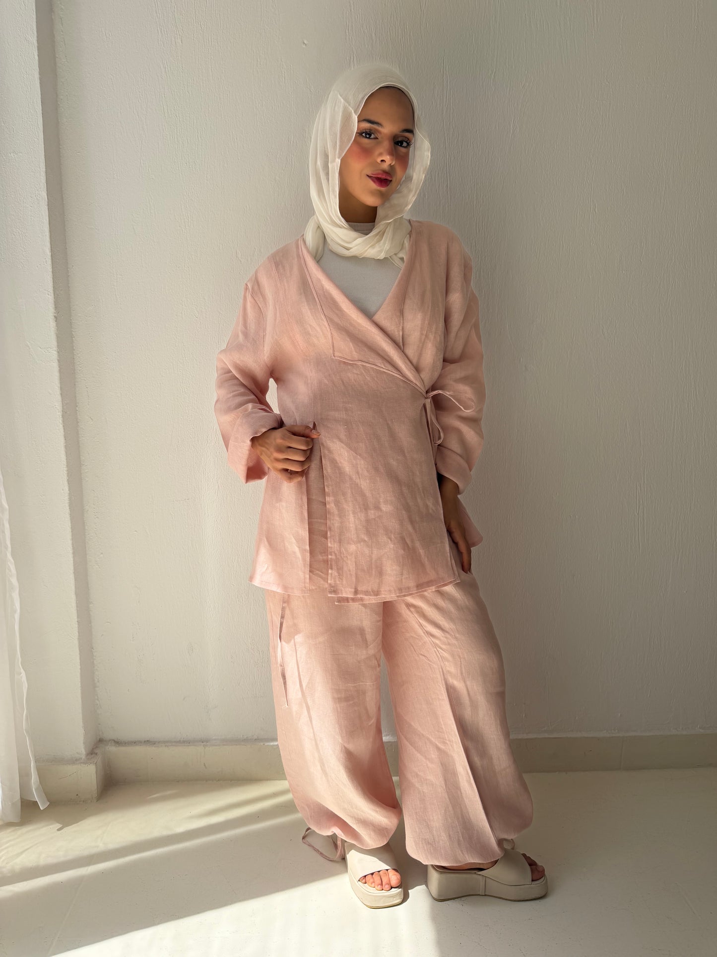 Pastel Pink Linen Wide  X Ballon Leg Pants