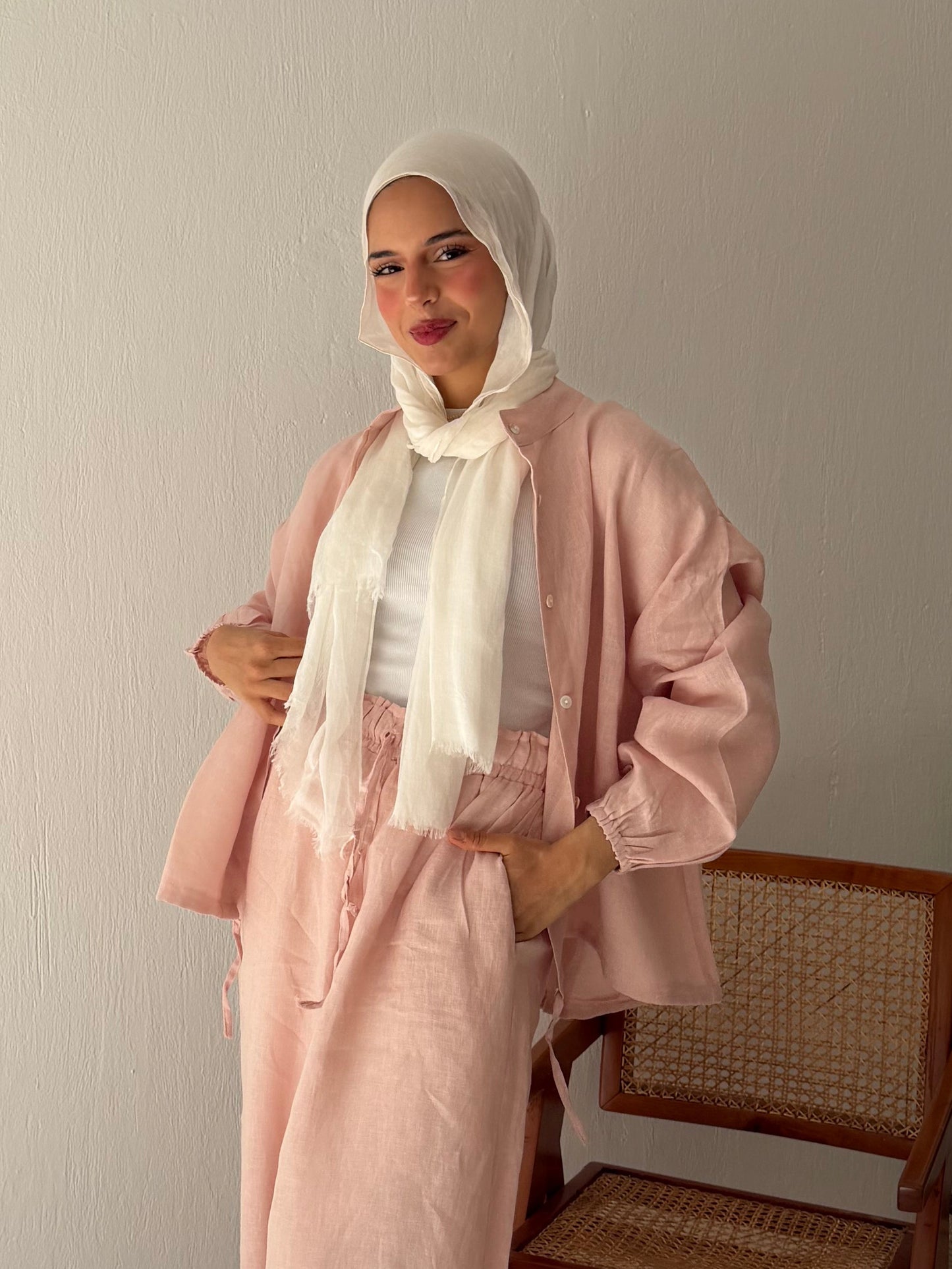 Pastel Pink Linen Bomber Jacket