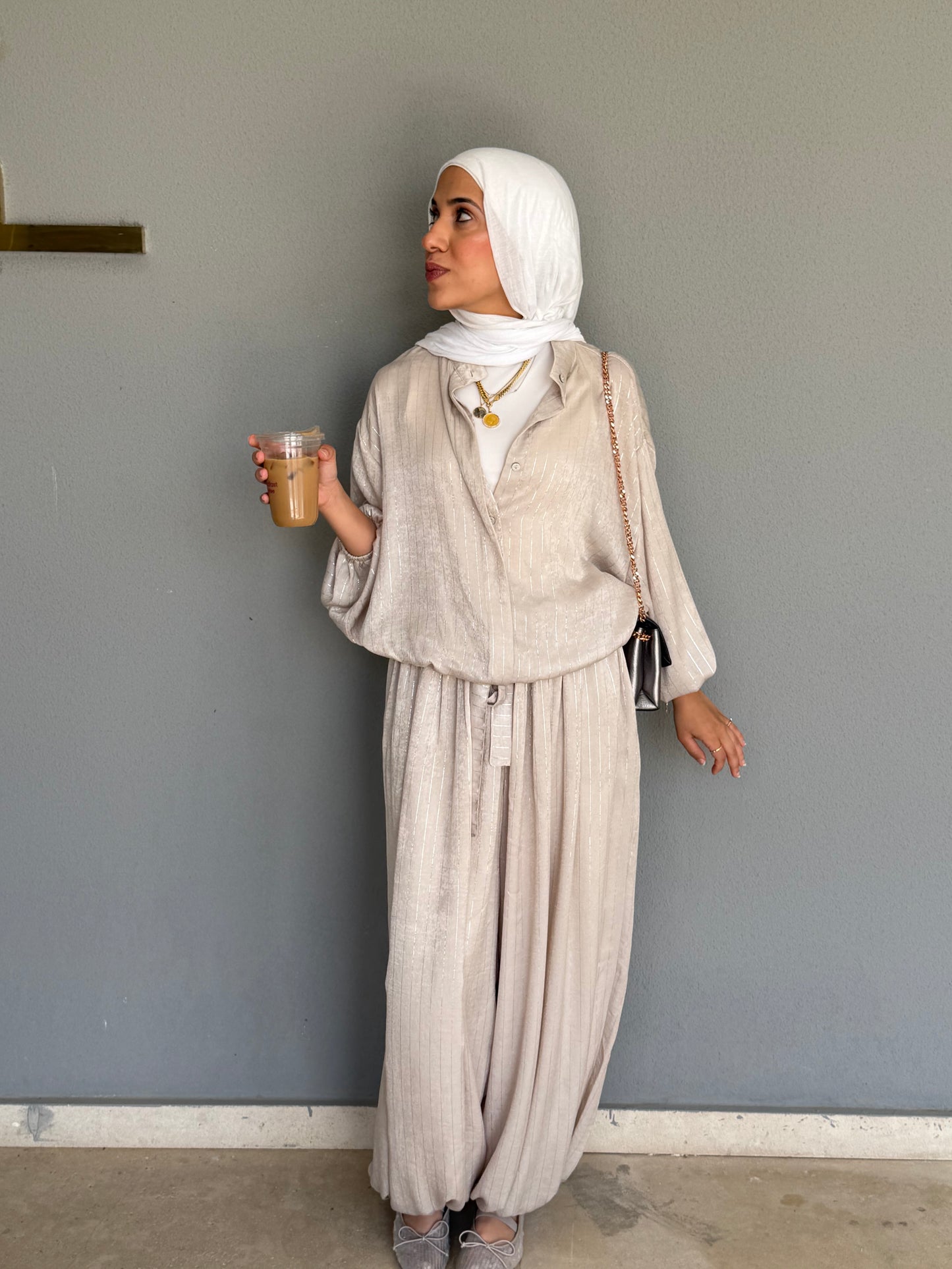 Striped Satin Balloon X Wide-Leg Pants Set