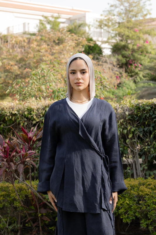 Navy wrapped Linen Top