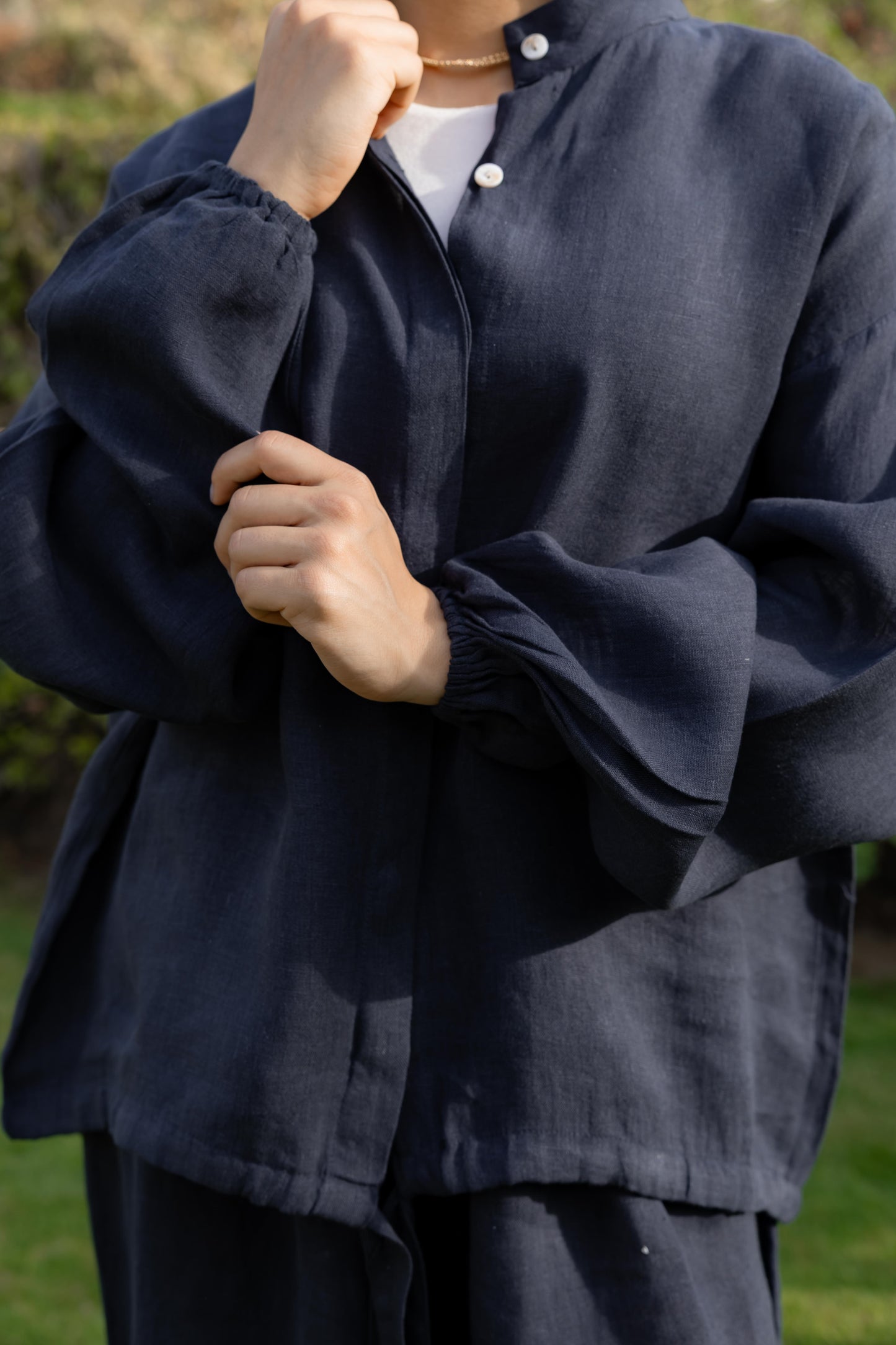 Navy Linen Bomber Jacket